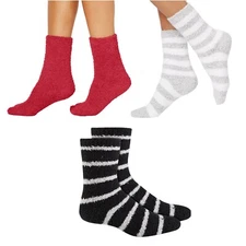 CHARTER CLUB 3-Pairs Soft Fuzzy Butter Socks One Siz Marles Striped Candy Red