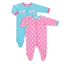 Gerber Baby Girl 2-Pk Zip-Front Sleep N' Plays Pink/Blue Dot Elephants Size 0-3M