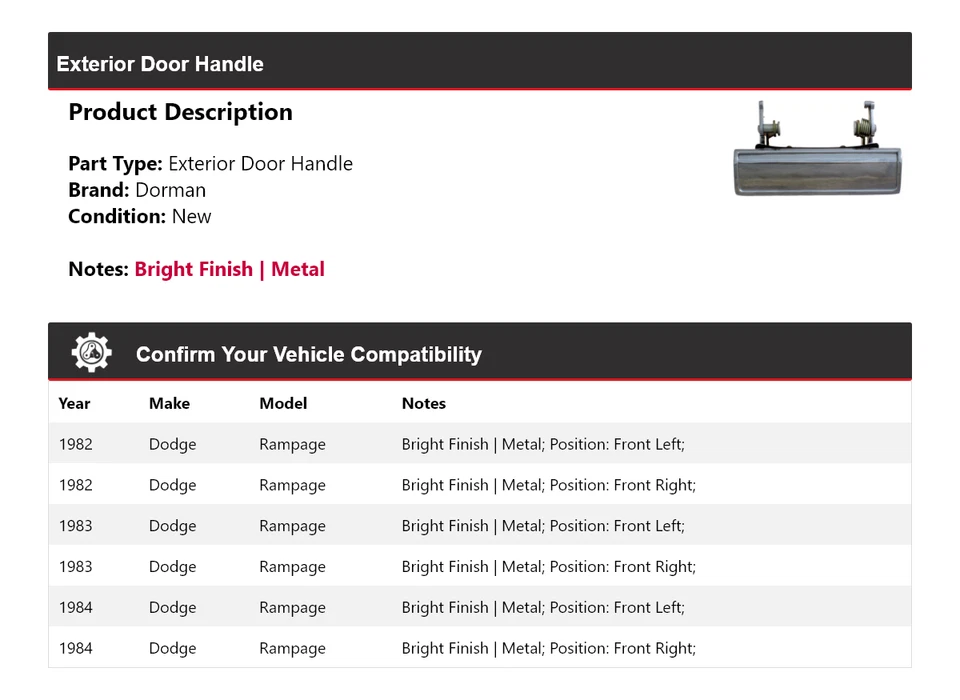 For 1982-1984 Dodge Rampage Dorman Exterior Door Handle 1983 - Image 2 of 4