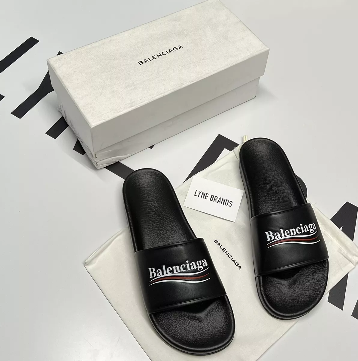 BALENCIAGA Black BB Fluorescent Pool Slides SZ7  The Purse Ladies