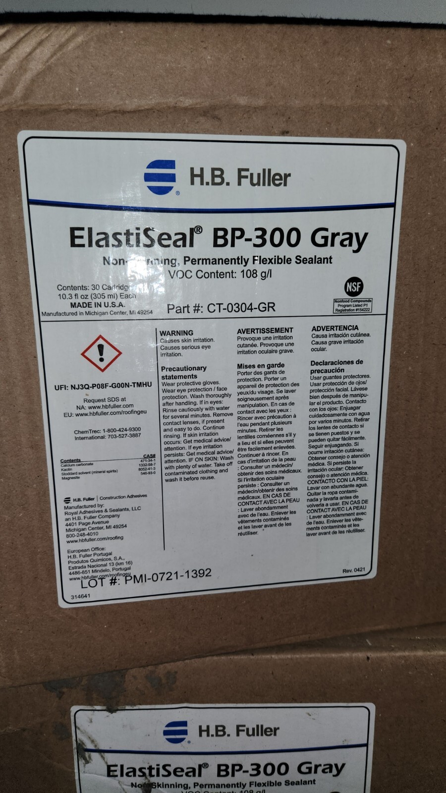 H.B. Fuller ElastiSeal B.P. 300 gray 10.3 butyl rubber sealant Tubes