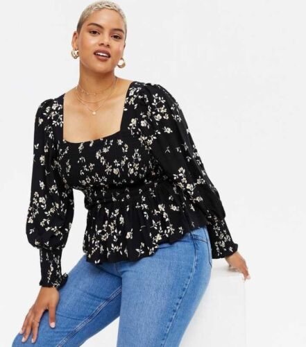 NEW LOOK CURVES PLUS SIZE 26 BLACK FLORAL SHIRRED SQUARE NECK PEPLUM TOP - Picture 1 of 14