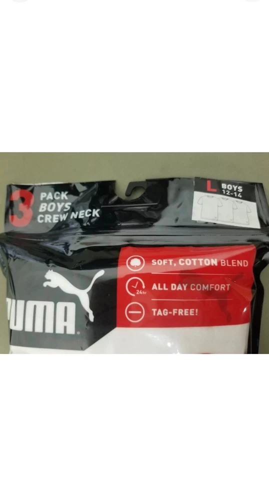 Pack de 3 camisetas blancas Puma de corte clásico cuello redondo para niños elige la talla Foto 3 de 4