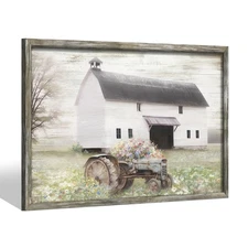 Farmhouse Framed Wooden Wall Art: Rustic Country Barn Painting Picture Old Tr...