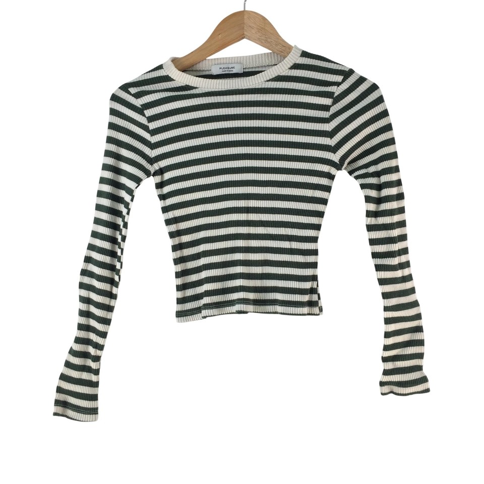 PLEASURE T-Shirt Womens S Green Stripe Knit Crew Neck Long Sleeve Crop 140482