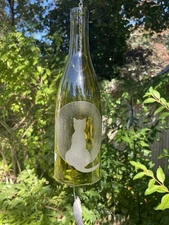 Hand Made Wind Chime Bottle with Sand Blasted Image of Cat Watching The Moon