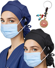 2 Pack Classic Scrub Caps for Women Ponytail, Satin Lined Surgical Caps