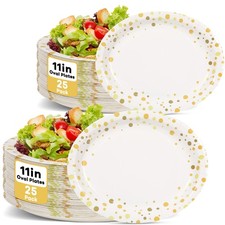 50Pcs White and Gold Party Supplies Large Gold Dot on White Paper Plates Oval...