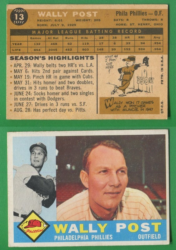 1960 Topps Baseball ~~~ WALLY POST ~~~ No. 13 ~~~ Free S/H