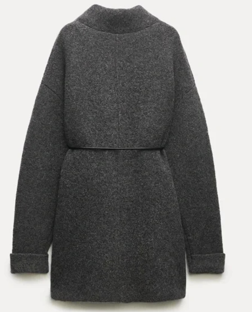 NEW ZARA GREY WOOL KNIT COAT WITH BELT SIZE L RARE image 3