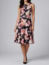 Portmans Midi Dress 12 Black Pink Eternity Floral A-line Belted Elegant Classic