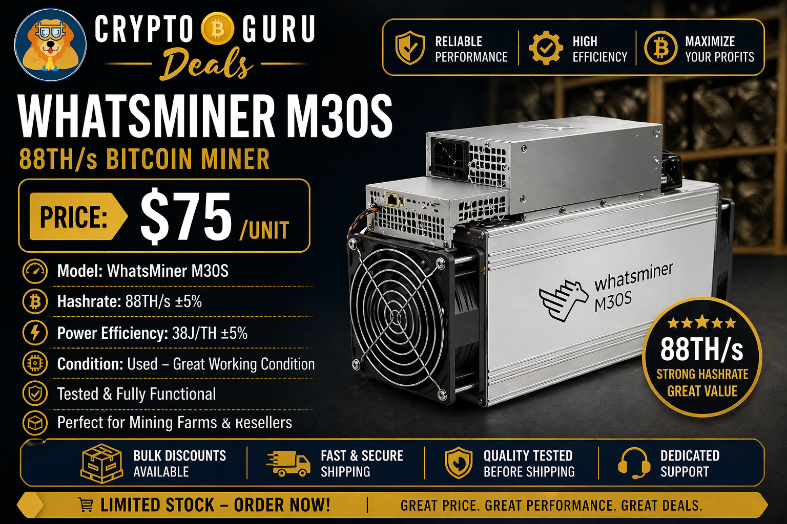 WhatsMiner M30S 88TH Bitcoin ASIC Miner – $75/Unit: Tested & Working