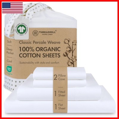 Threadmill 100% Organic Cotton Sheets Queen Size Bed GOTS Certified - Percale