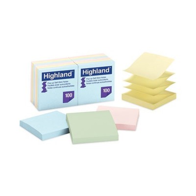 Highland Self-Stick Accordion-Style Notes, 3'' x 3'', 100 Sheets/Pad, 12 Pads/Pack