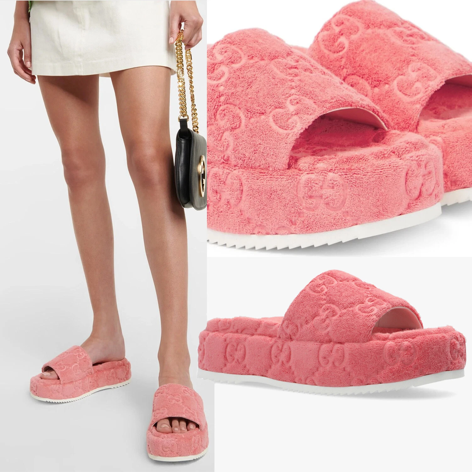 CHAUSSURES GUCCI GG SUPREME ROSE ÉPONGE PLATEFORME SLIDE taille 38,5 8,5