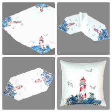 Tischdecke Mitteldecke Tischläufer Kissen weiss blau maritim  Meer Leuchtturm