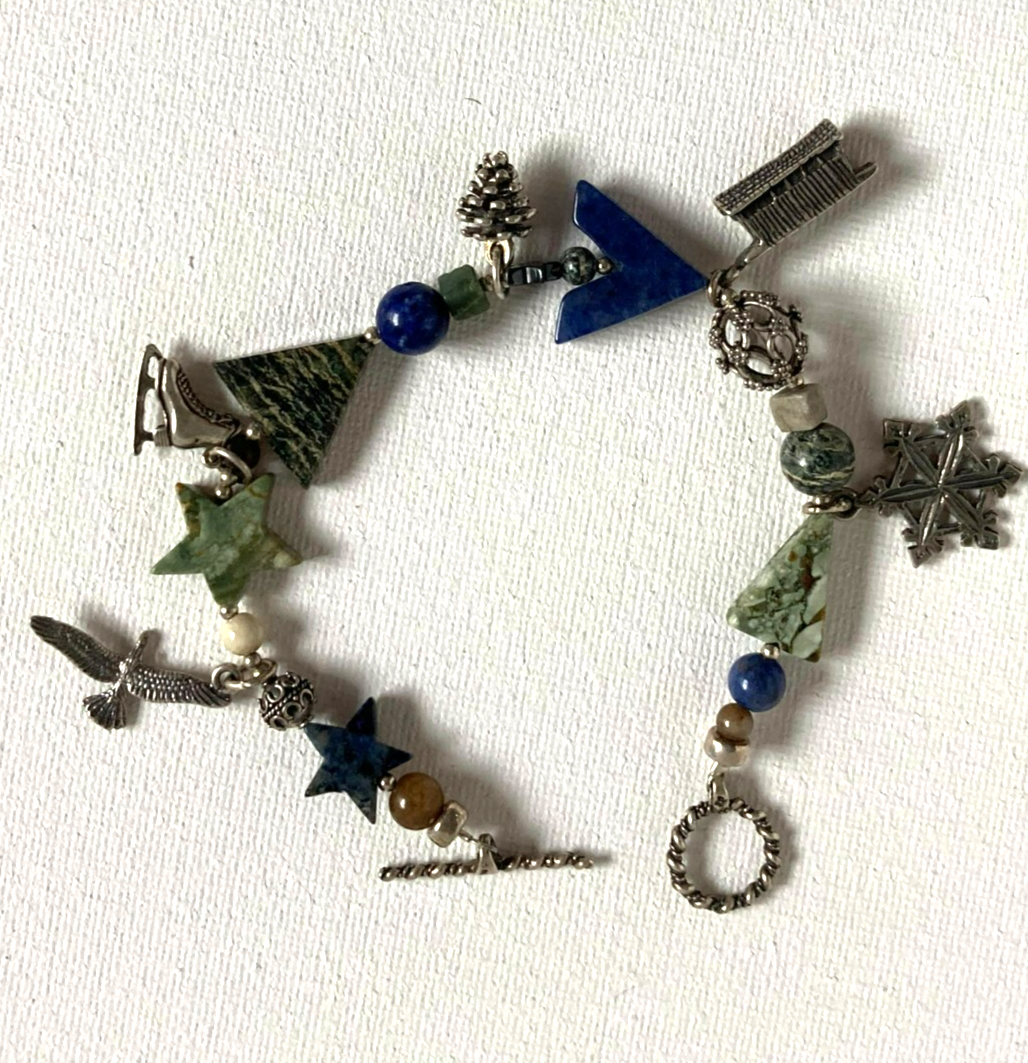 Sterling Silver Carved Stone Charm Bracelet with Star Pine Cone Seagull Ice Skate Charms  -image