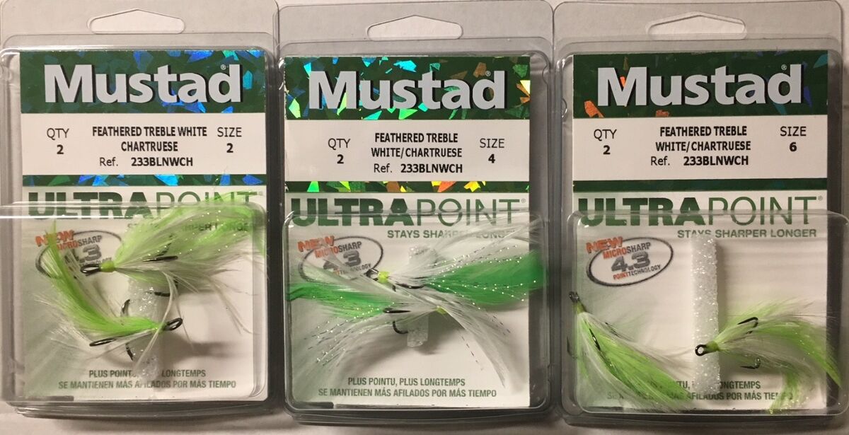 Mustad 233BLNWCH Size 2 4 6 White Chart Dressed Feather Treble Hooks Pack  of 2