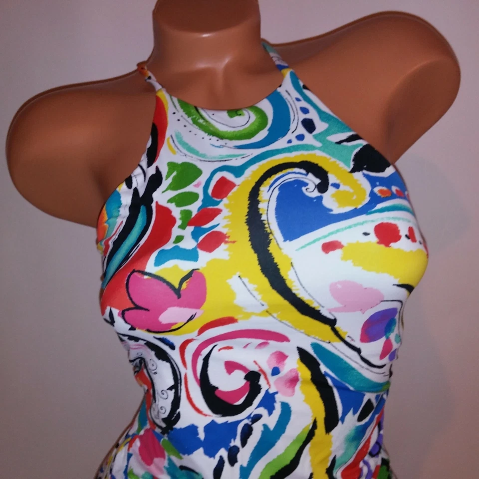 Tankini de natación Anne Cole XS colorido halter cuello alto ligeramente acolchado con aros Foto 2 de 4