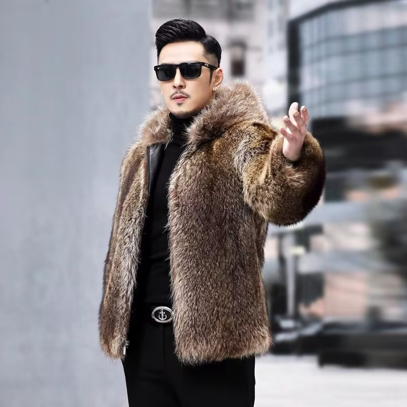 Mens Hooded Short Faux Raccoon Fox Fur Collar Coat Jacket Outwears