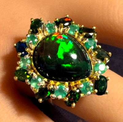 AAA + 5ct + Blk Opal + Diamantschliff grüner Onyx 925Sterling Silber LivingRainbow Ring