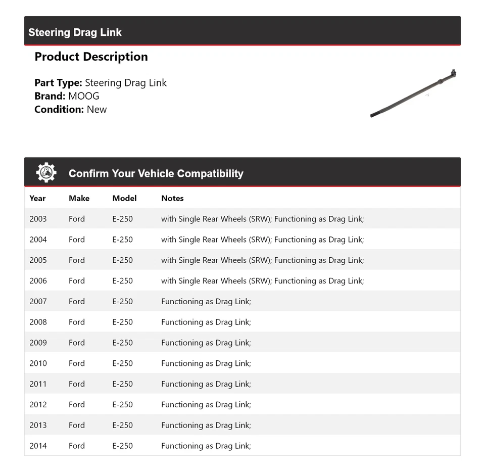 Eslabón de arrastre de dirección MOOG 2003-2014 2004 2005 2006 2007 2008 para Ford E-250 2003-2014 Foto 2 de 4