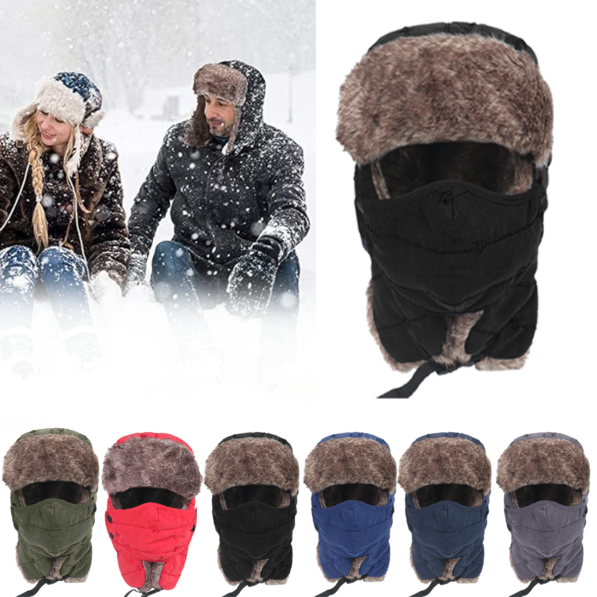 Winter Hat with Removable Face Mask & Faux Fur Earflaps for Hunting Outdoor Unisex  
