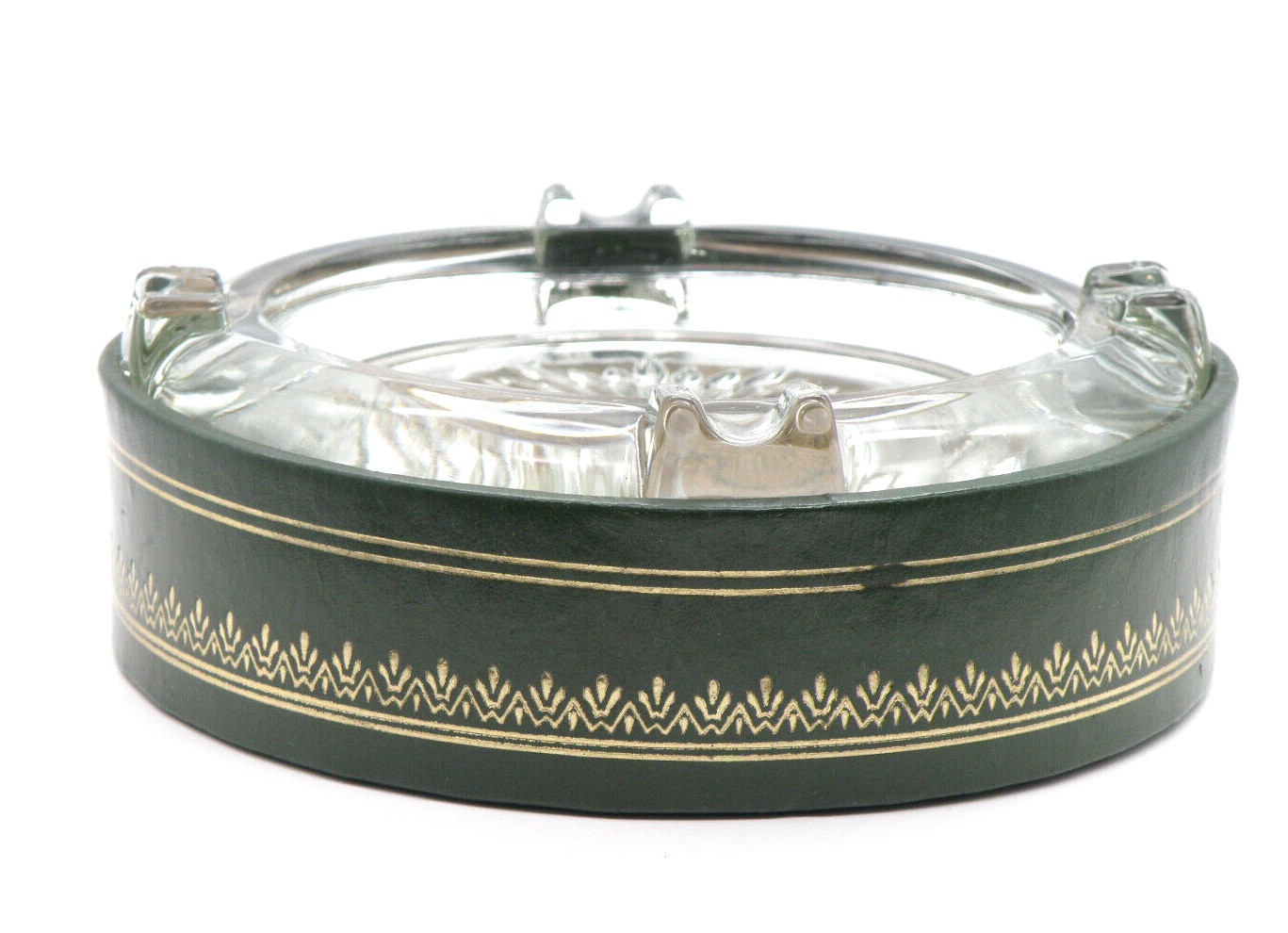 Vtg Glass Ashtray Faux leather holder Green / Gold Mid Century Modern 5" Round