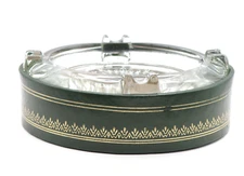 Vtg Glass Ashtray Faux leather holder Green / Gold Mid Century Modern 5" Round