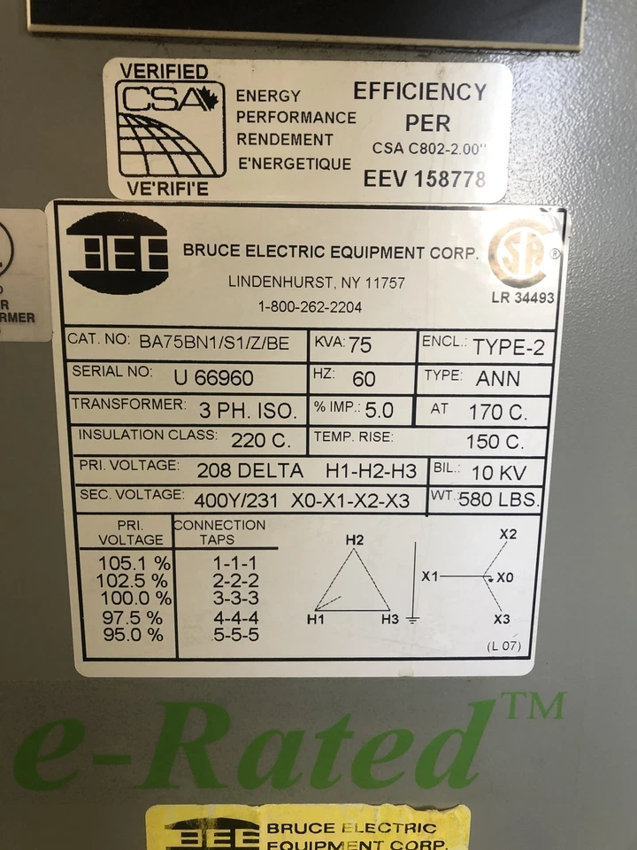 Bruce Electric Equipment BA75BN1/S1/Z/BE Transformador 75KVA 3PH 60Hz Foto 2 de 4