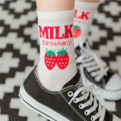 Chaussettes Kawaii Fraise Et Lait Pour Femmes - 100% Coton, Taille Unique, Neuves