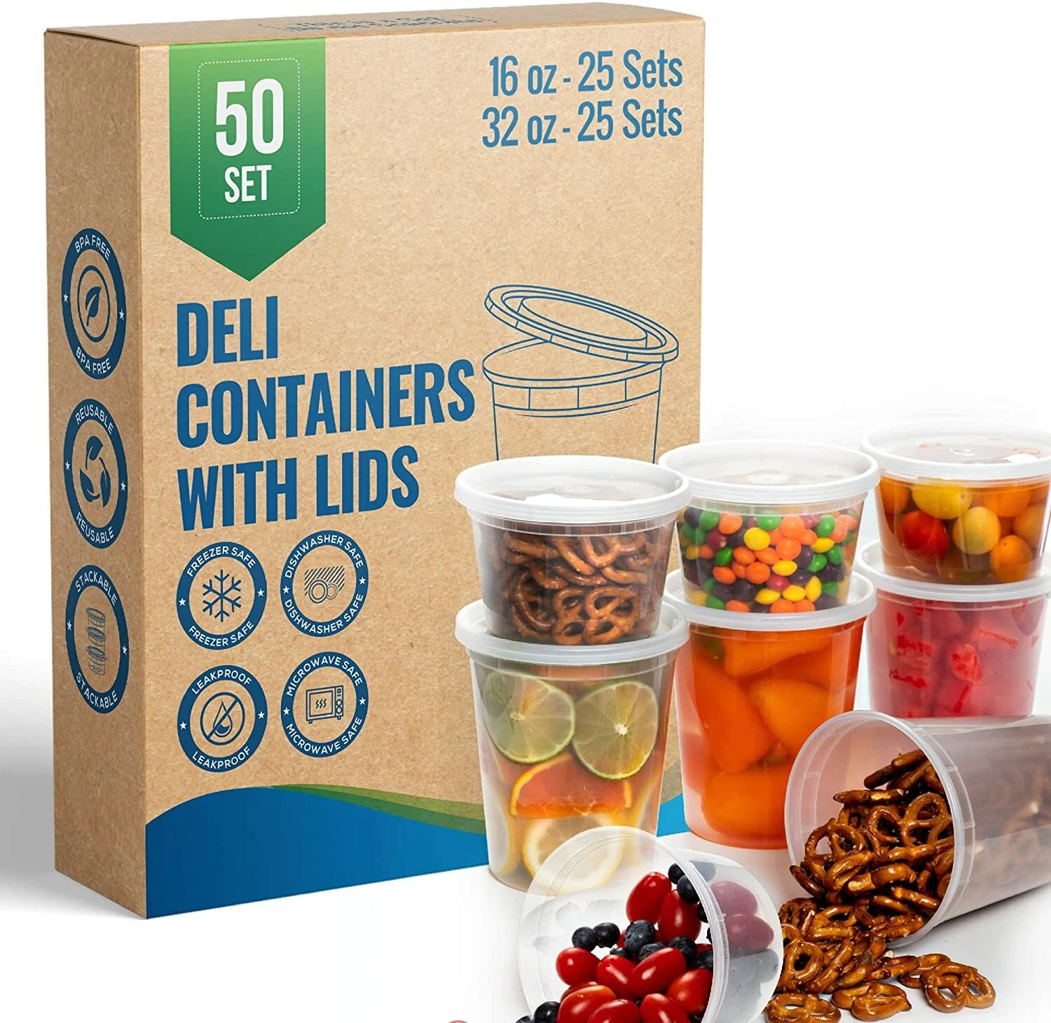 50 Sets [ 25-16oz, 25-32oz] Deli Plastic Food Storage Containers with Lids
Opens in a new window or 
