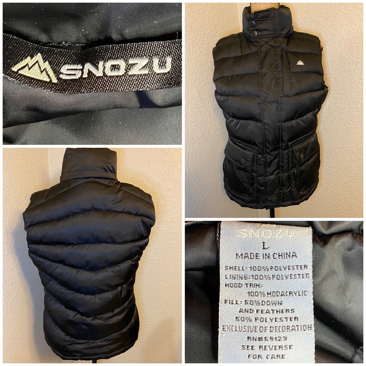 Snozu Women's Large Black Down Filled Puffer Vest Jacket 3 Front