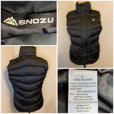 Snozu Women s Large Black Down Filled Puffer Vest Jacket 3 Front Pockets - GREAT