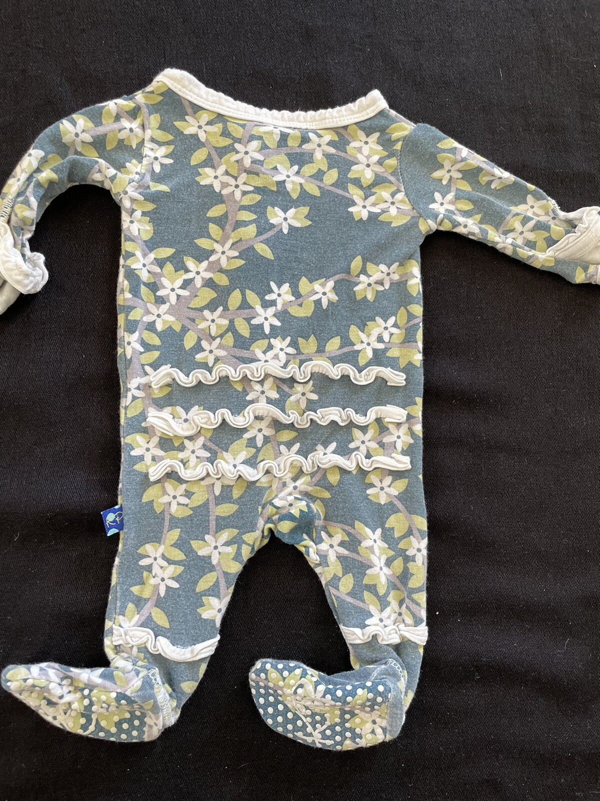 KicKee Pants 2017 Grey/Green Floral Ruffled Bottom Snap Front Footie