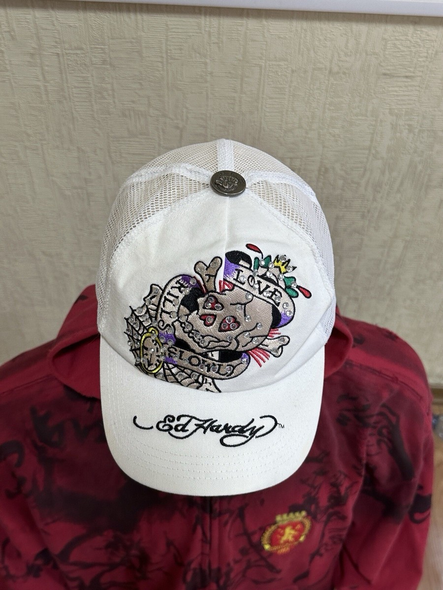 Vintage Ed Hardy Rhinestones Skull Web “Love Slowly” Trucker Hat