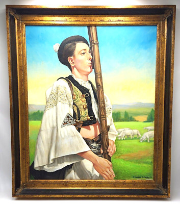 Estate Oil Painting Shepherd Flute Signed Sroba 28x24 Wood Frame Canvas Art