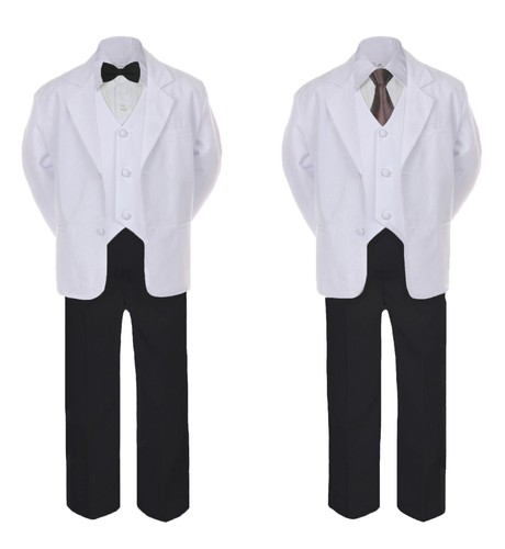 6pc Kid Boy Teen Formal Wear Black White Wedding Set Suit Satin Necktie sz 4T-20 - Picture 4 of 25