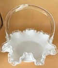 Vintage 1960s Fenton Silver Crest Milk Glass Basket White Ruffled Clear Handle