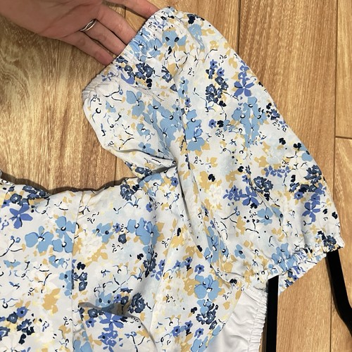 LC Lauren Conrad Ruffle Mini Dress Size L Blue Floral Tiered Puff Sleeve Peasant - Picture 7 of 8