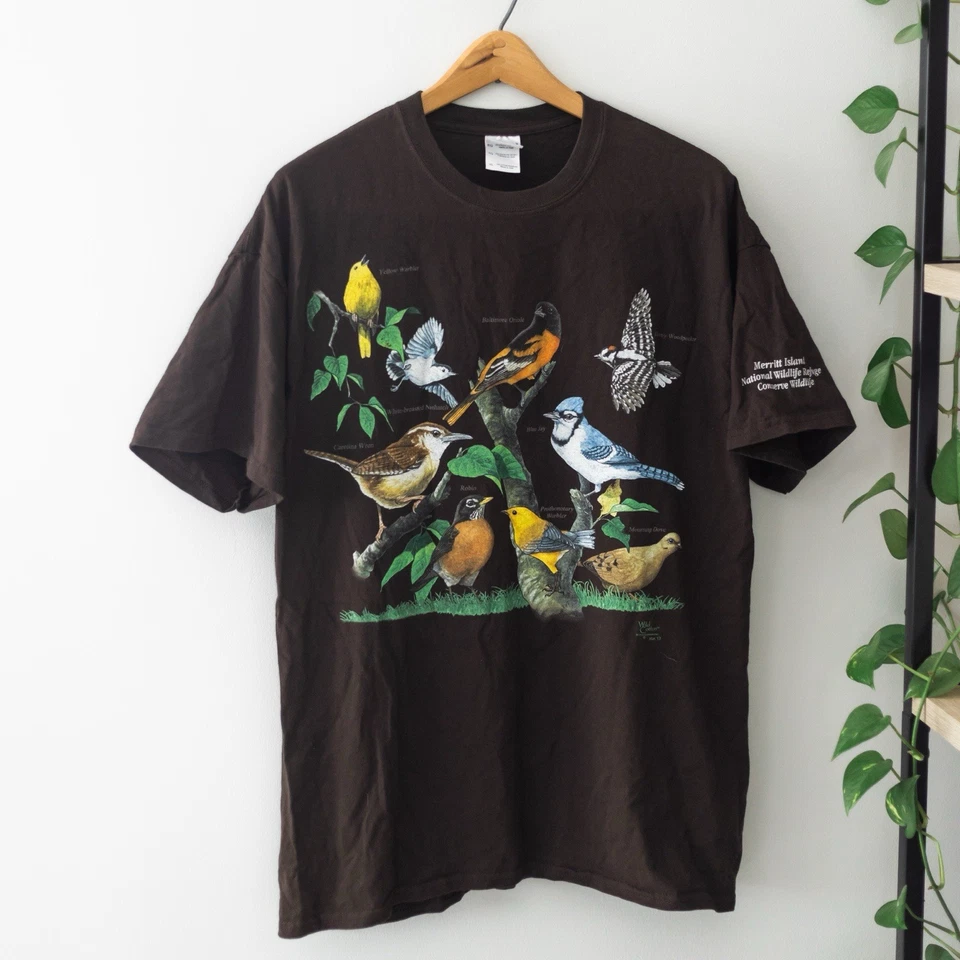 Camiseta dupla face vintage algodão selvagem Atlas Birds XL marrom Merritt refúgio de vida selvagem - Imagem 2 de 4