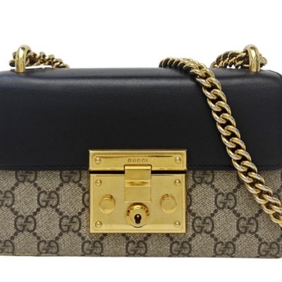 Gucci Padlock PM Shoulder Bag GG Supreme Canvas Black Leather Gold Chain Flap