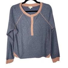 Hem & Thread Small S Denim Blue Textured Boxy Henley Pullover Top Long Sleeve