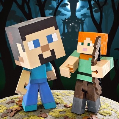 Minecraft Figure Lot Alex Holding Bow & Steve Mojang Notch Ball Jointed Head