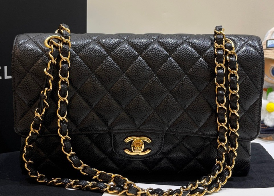 Chanel Classic Flap Calfskin MM Chain Shoulder Bag Black Gold Women Designer