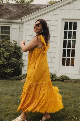 Anthropologie Eyelet Ruffled Maxi Dress Golden Yellow Tiered Cottagecore 8 NWT