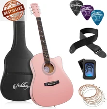 Ashthorpe 41" Cutaway Acoustic Guitar Starter Kit – Pink – Full Accessory Bundle