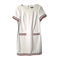 Tommy Hilfiger Dress Womens 10 Ivory Light Midi Striped Short Sleeve