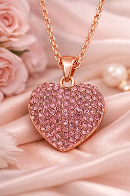   Pink Austrian Crystal Heart Pendant Necklace   24'' Rosetone Chain  