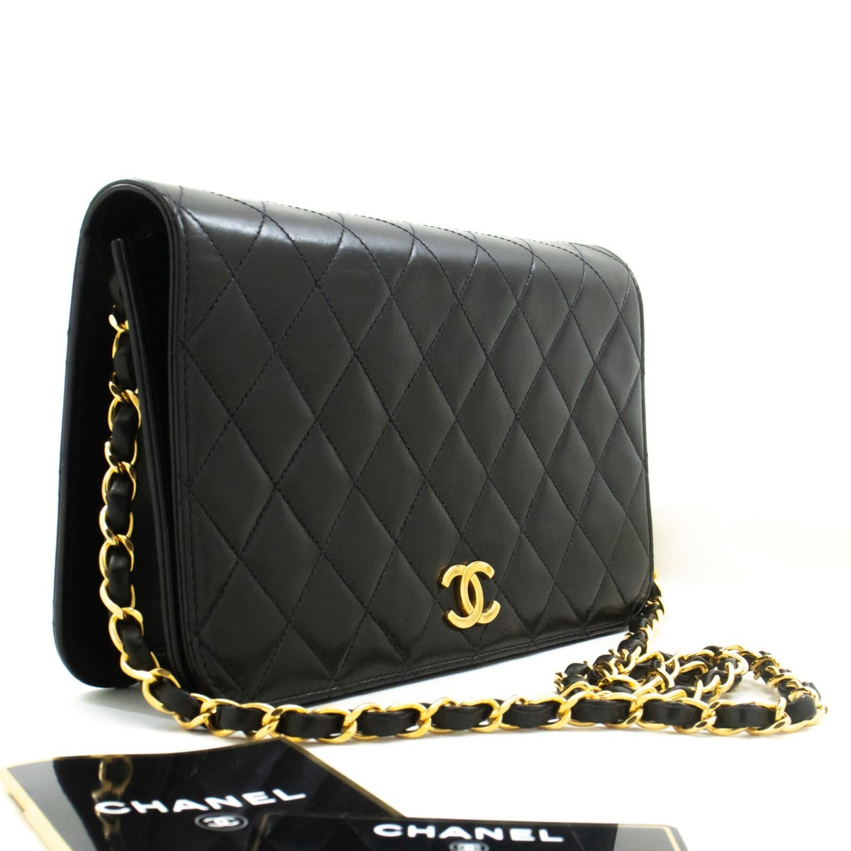 p74 CHANEL Authentic Full Flap Chain Shoulder Bag Clutch Black Quilted  Lambskin